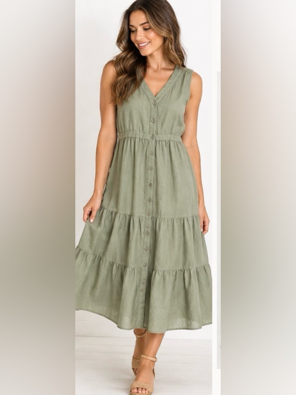 Lost + Wander Sage Green Ramie Blend Button Front Midi Dress XL NWT
